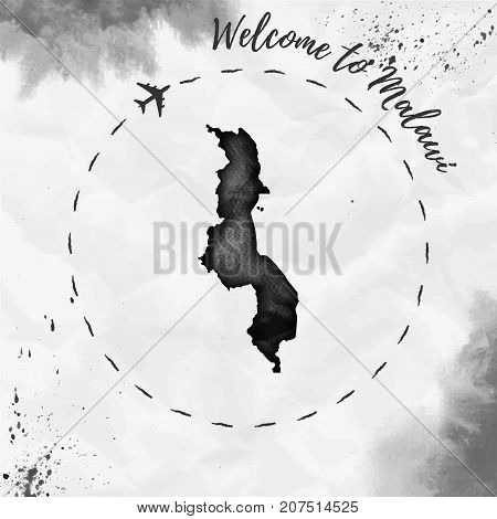 Malawi Watercolor Map In Black Colors. Welcome To Malawi Poster With Airplane Trace And Handpainted