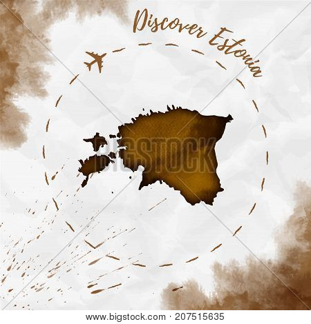 Estonia Watercolor Map In Sepia Colors. Discover Estonia Poster With Airplane Trace And Handpainted