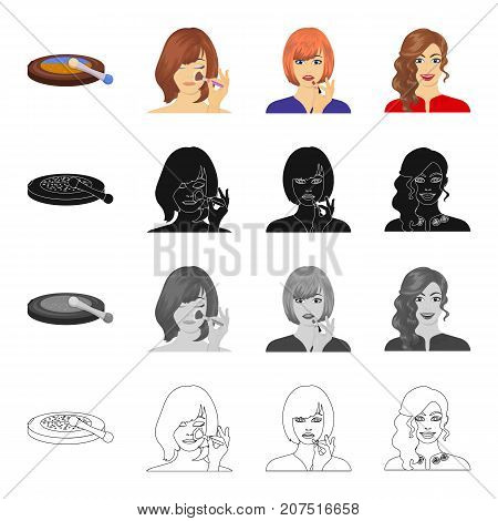 Powder and blush, lipstick, applying make-up on the face. Makeup and care set collection icons in cartoon black monochrome outline style vector symbol stock illustration .