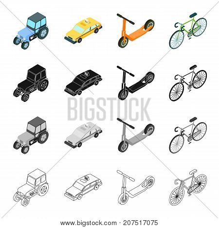 Agricultural tractor, urban transport bicycle, car, children's scooter. Transport set collection icons in cartoon black monochrome outline style vector symbol stock illustration isometric .