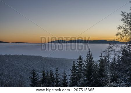 Morning With Sunrise In Jeseniky Mountains In Winter Sunny Day