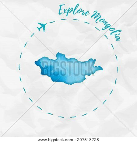 Mongolia Watercolor Map In Turquoise Colors. Explore Mongolia Poster With Airplane Trace And Handpai