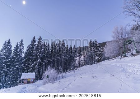 Morning With Sunrise In Jeseniky Mountains In Winter Sunny Day