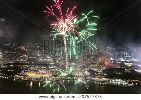 BRISBANE, AUSTRALIA - SEPTEMBER 30 2017: Colourful fireworks display over Brisbane River for the Sunsuper Riverfire celebrations.