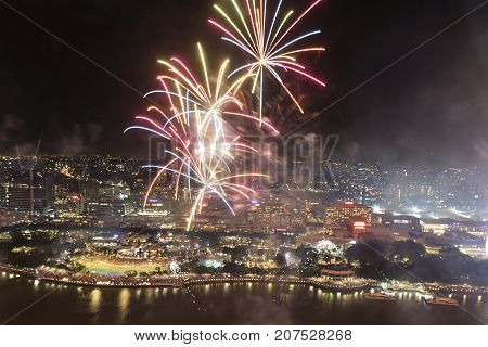 BRISBANE, AUSTRALIA - SEPTEMBER 30 2017: Colourful fireworks display over Brisbane River for the Sunsuper Riverfire celebrations.