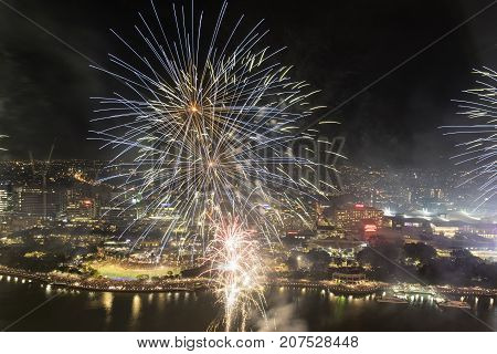BRISBANE, AUSTRALIA - SEPTEMBER 30 2017: Colourful fireworks display over Brisbane River for the Sunsuper Riverfire celebrations.