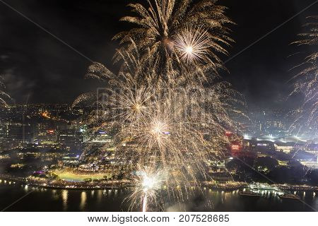 BRISBANE, AUSTRALIA - SEPTEMBER 30 2017: Colourful fireworks display over Brisbane River for the Sunsuper Riverfire celebrations.