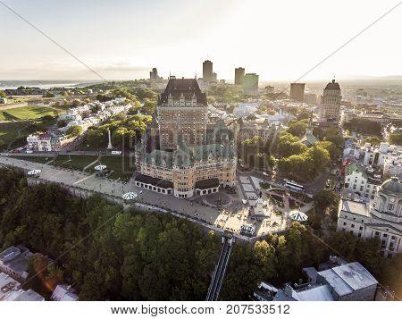 Aerial view of Chateau Frontenac hotel and Old Port in Quebec City, Canada.