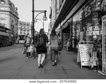 People In Oxford Street In London Black And White
