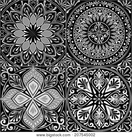 Colorful floral seamless pattern from squares with mandala in patchwork boho chic style in portuguese and moroccan motif