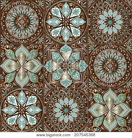 Colorful floral seamless pattern from squares with mandala in patchwork boho chic style in portuguese and moroccan motif