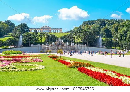 Vienna Austria - August 7 2016: Schonbrunn Palace the Gloriette pavilion seen from the garden