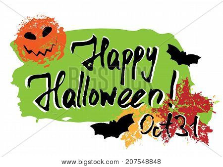 Happy Halloween greeting card with grunge hand written lettering paint smear and prints of maple leaves on white background. Trick or treat. Vector illustration