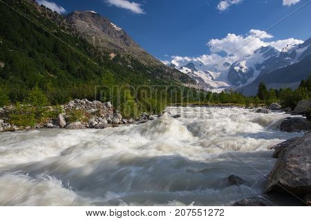 Swiss mountain landscape of the Morteratsch Glacier Valley hiking trail in the Bernina Mountain Range