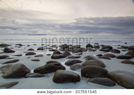 Beautiful view to Eggum beach in Norway Lofoten islands Norway