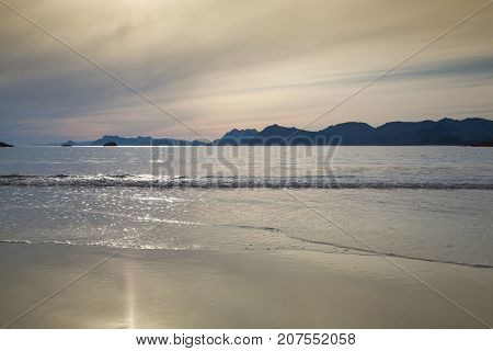 Sunset On The Empty Roervik Beach Lofoten Island Norway