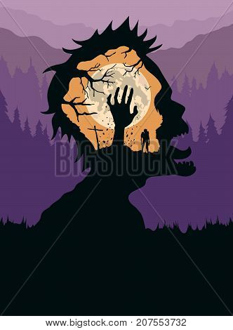 Double exposure of Silhouette Zombie screaming in Forest with hand of dead people rising out from ground in graveyard.