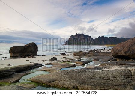 Beautiful view to Eggum beach in Norway Lofoten islands Norway