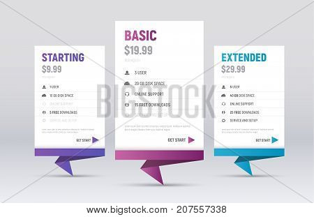 The Design Of White Templates Of Price Tables With A Leg In Origami Styles