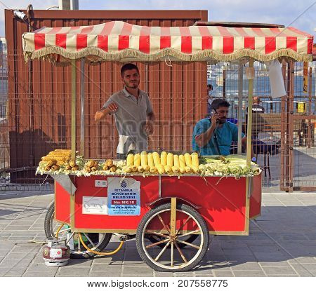 Man Is Selling Fried Corn And Chestnut Outdoor In Istanbul