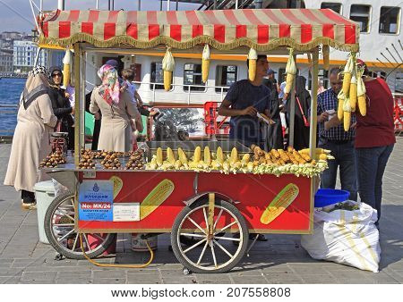 Man Is Selling Fried Corn And Chestnut Outdoor In Istanbul