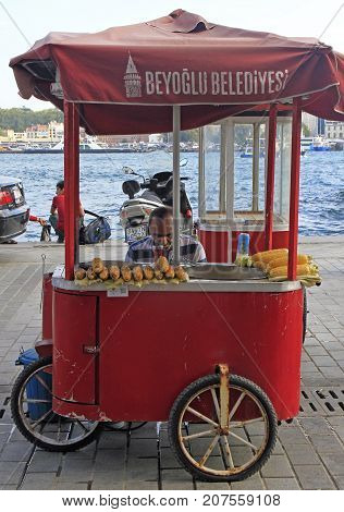 Man Is Selling Fried Corn And Chestnut Outdoor In Istanbul