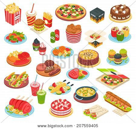 Fast food isometric icons set with pizza grilled potato hamburger  hot dog cake and other meals of quick cooking isolated vector illustration
