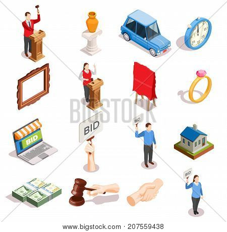 Auction isometric icons set of isolated goods human characters hammer handshake and money images with shadows vector illustration