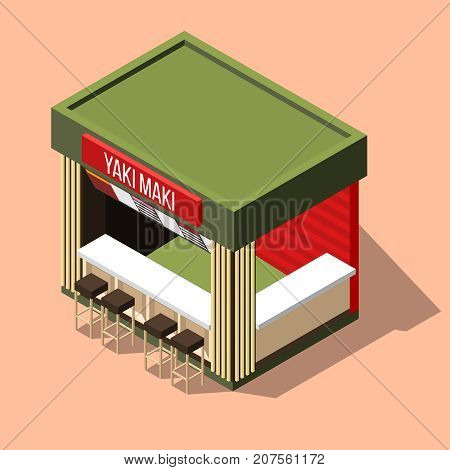 Isometric small empty yaki maki sushi bar on pink background 3d vector illustration