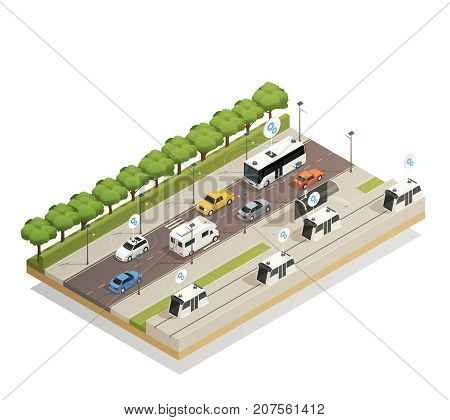 Smart city traffic assistance technology integrating cars in infrastructure isometric view busy road composition poster vector illustration