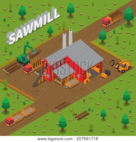 Colored sawmill timber mill lumberjack isometric composition with construction of building in a sawmill vector illustration