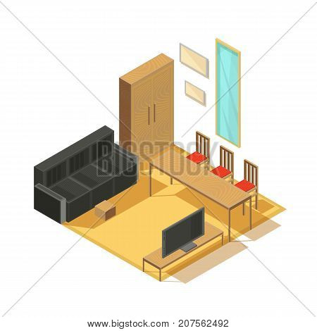 Furniture isometric set of furnished room items armoire sofa tv set mirror and chairs with table vector illustration