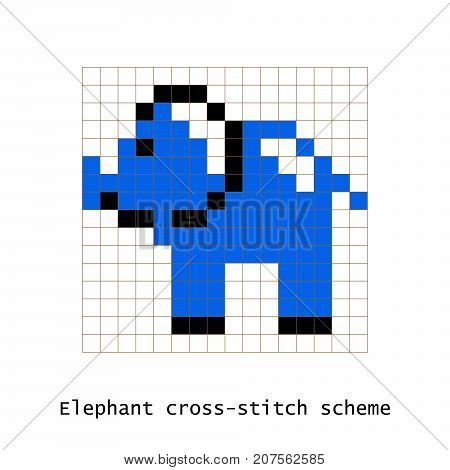 Cross-stitch pixel art elephant animal vector set. Brick style zoo for kid building kit toys or embroidery scheme products.