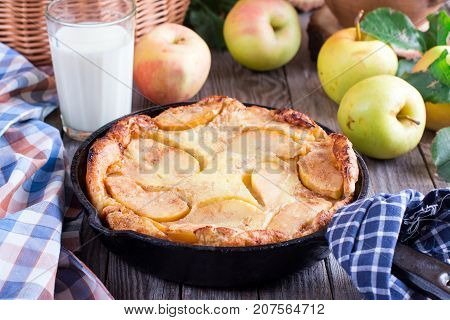 Cinnamon Apple Dutch Baby Pancake in iron pan. Style rustic. Selective focus