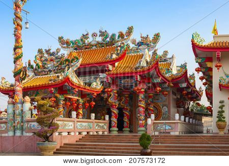 Old Chinese temple at sunny morning in Mae Sot, Tak Province, western Thailand.