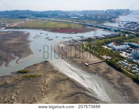 Aerial View Of Wooden Windmill At Incheon Sohrae Ecological Park, South Korea