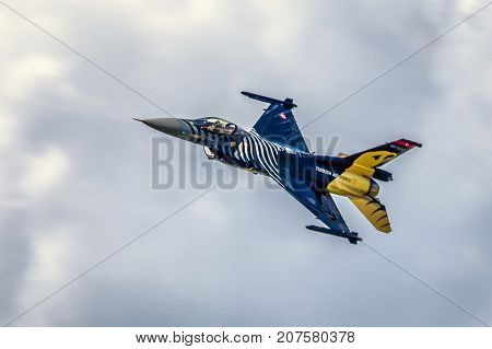 SLIAC SLOVAKIA - AUGUST 27: Airplane F-16 Falcon from Turkish air forceat airshow SIAF 2017 on August 27 2017 in Sliac