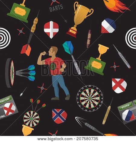 Darts pattern with items, elements, labels, icons, symbols, emblems, darts men, dart, arrow, dartboard, trophy shield for sport and leisure theme design. Vector illustration art