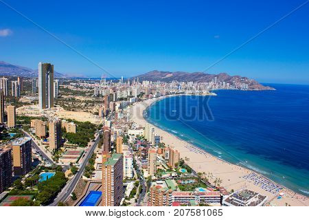 beautiful view of hotels and beach of Benidorm, Spain
