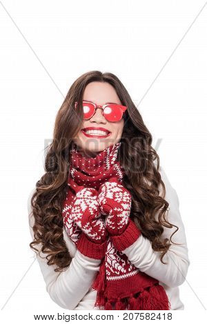 Woman In Winter Attire And Red Sunglasses