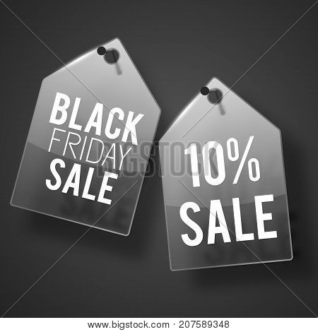 Two dark gray nailed down to the wall sale tag set with black friday sale description vector illustration