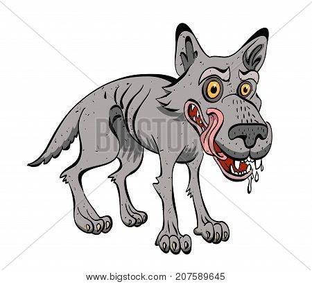 Hungry wolf cartoon image. Artistic freehand drawing. Authentic cartoon.