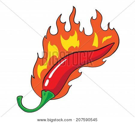Hot chili pepper on fire, cartoon image. Artistic freehand drawing. Authentic cartoon.