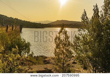 Sunset In The Reservoir Of Navacerrada. Madrid's Community. Spain. Europe.