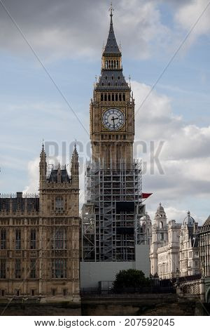 London, 28th September 2017:- The Palace of Westminster, home to the British Parliament with scaffolding due to renovation work on the UNESCO world heritage site.
