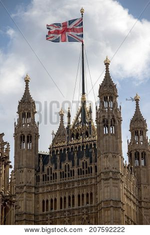 London 28th September 2017:- The Union Flag flying at the Palace of Westminster home to the British Parliament