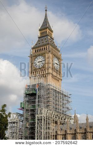 London, 28th September 2017:- The Palace of Westminster, home to the British Parliament with scaffolding due to renovation work on the UNESCO world heritage site.