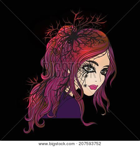 Portrait of a young beautiful girl in Halloween or Day of the Dead make up on black background.  Stock line vector illustration.