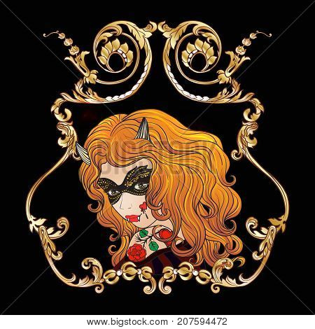 Portrait of a young beautiful girl in Halloween or Day of the Dead make up on black background in gold decorative frame.  Stock line vector illustration.