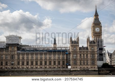 London 28th September 2017:- The Palace of Westminster home to the British Parliment with scaffolding due to renovation work on the UNESCO world heritiage site.